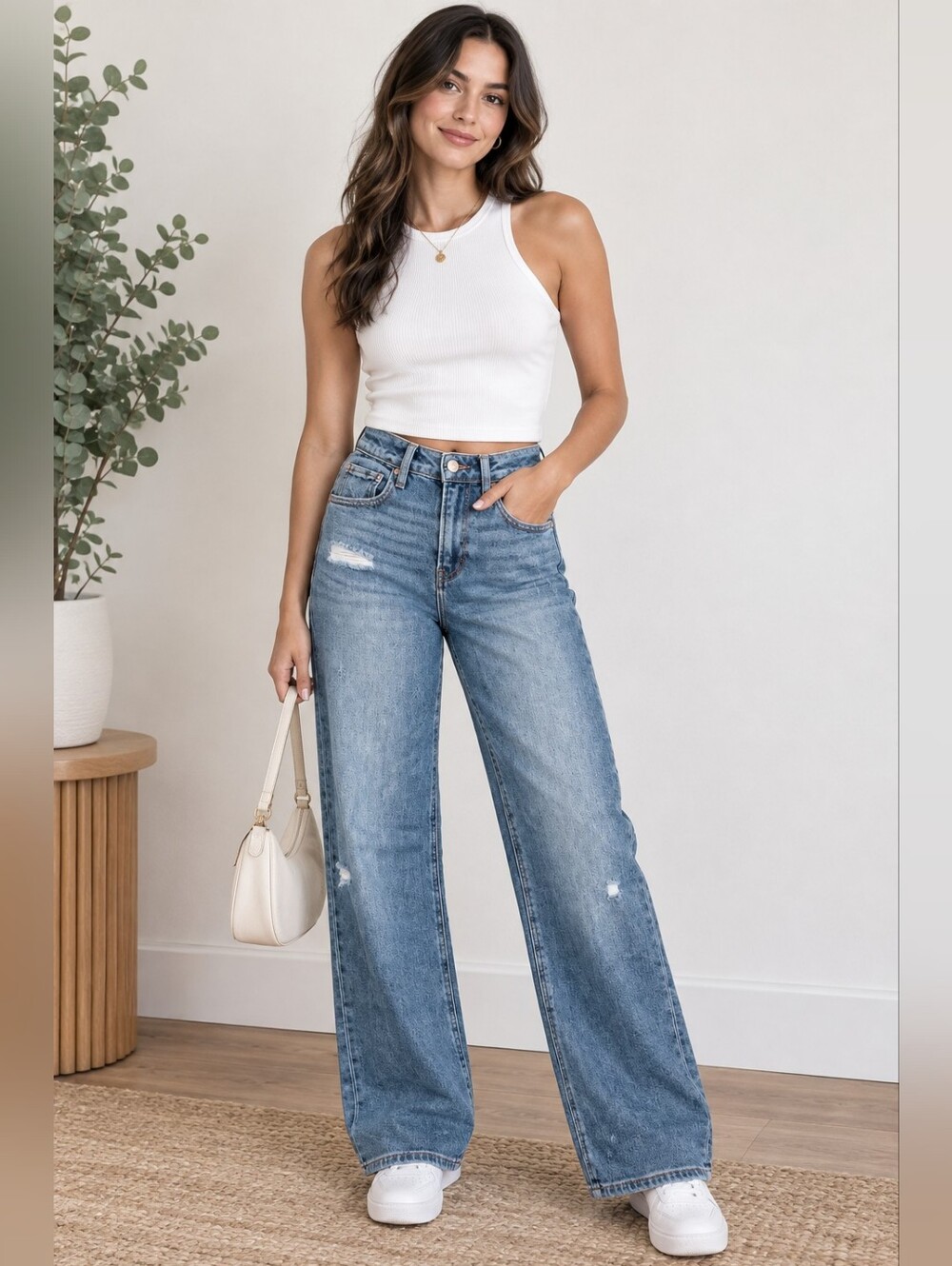 RISEN Women's Wide Leg Jeans Classic Retro Stretch Straight Medium HR 0/24 NEW